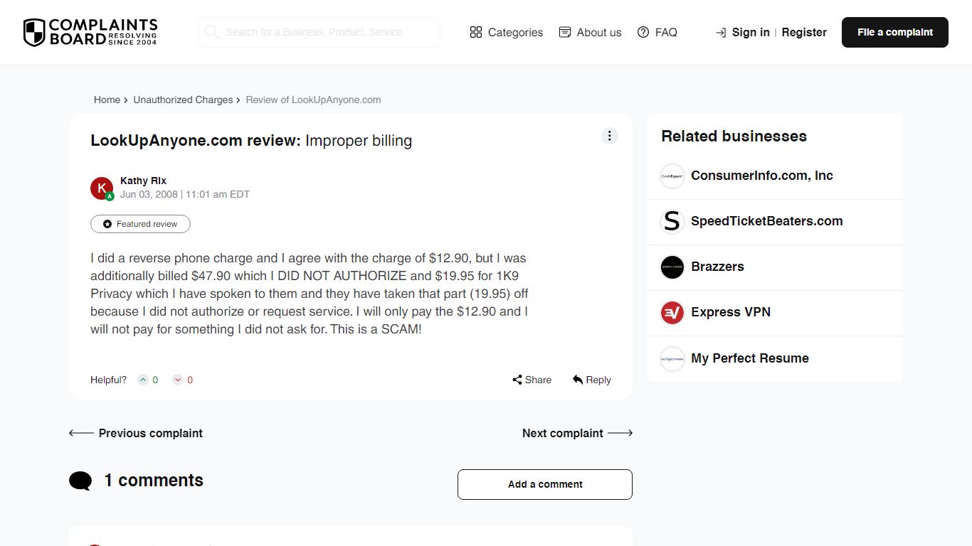 LookUpAnyone.com review: Improper billing - Complaints Board